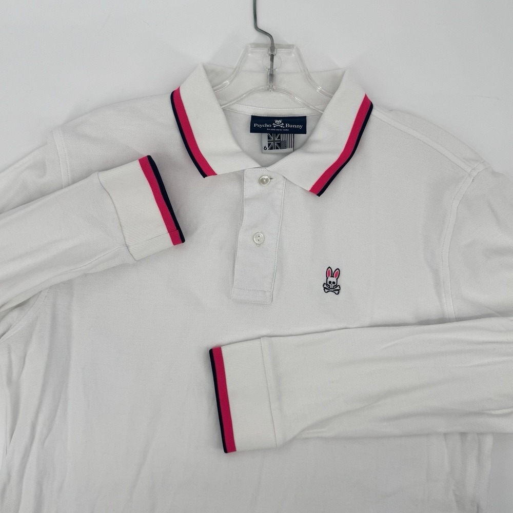 Psycho Bunny Men's Polo Long Sleeve White Pima Cotton Pink Navy Trim Size 6